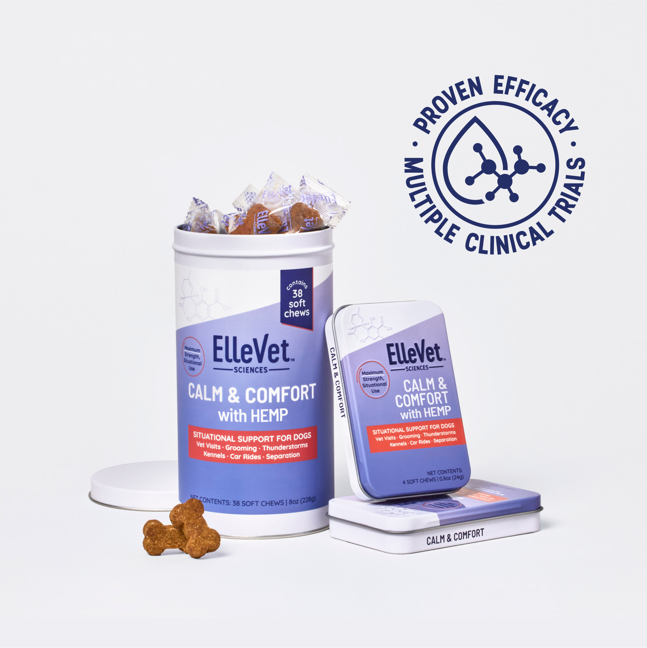 Calm and Comfort tins with proven efficacy badge