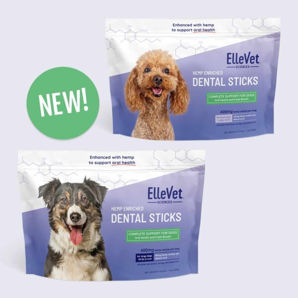 NEW ElleVet Hemp Enriched Dental Sticks, large and small dog bags