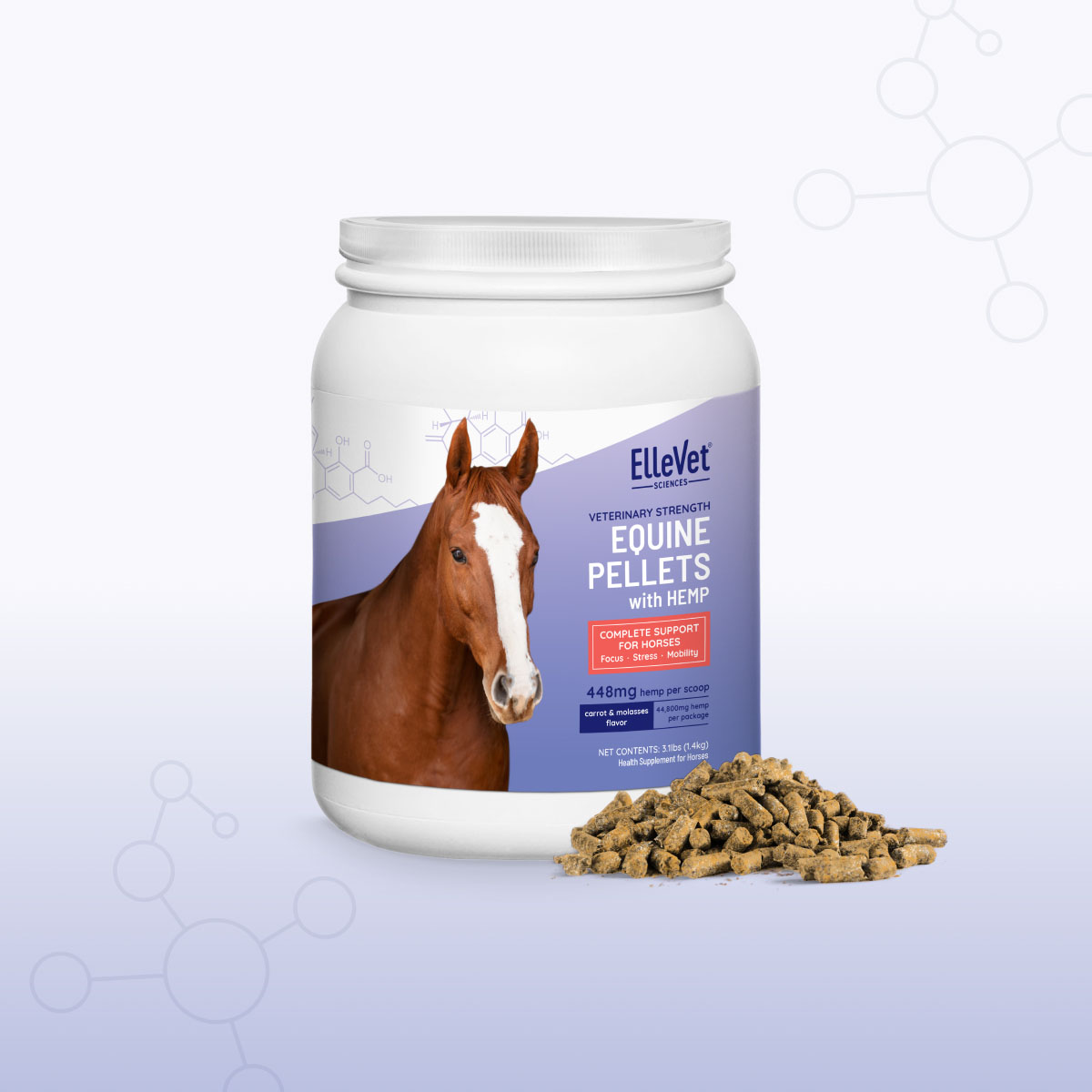 ElleVet Equine Pellets container with pile of pellets